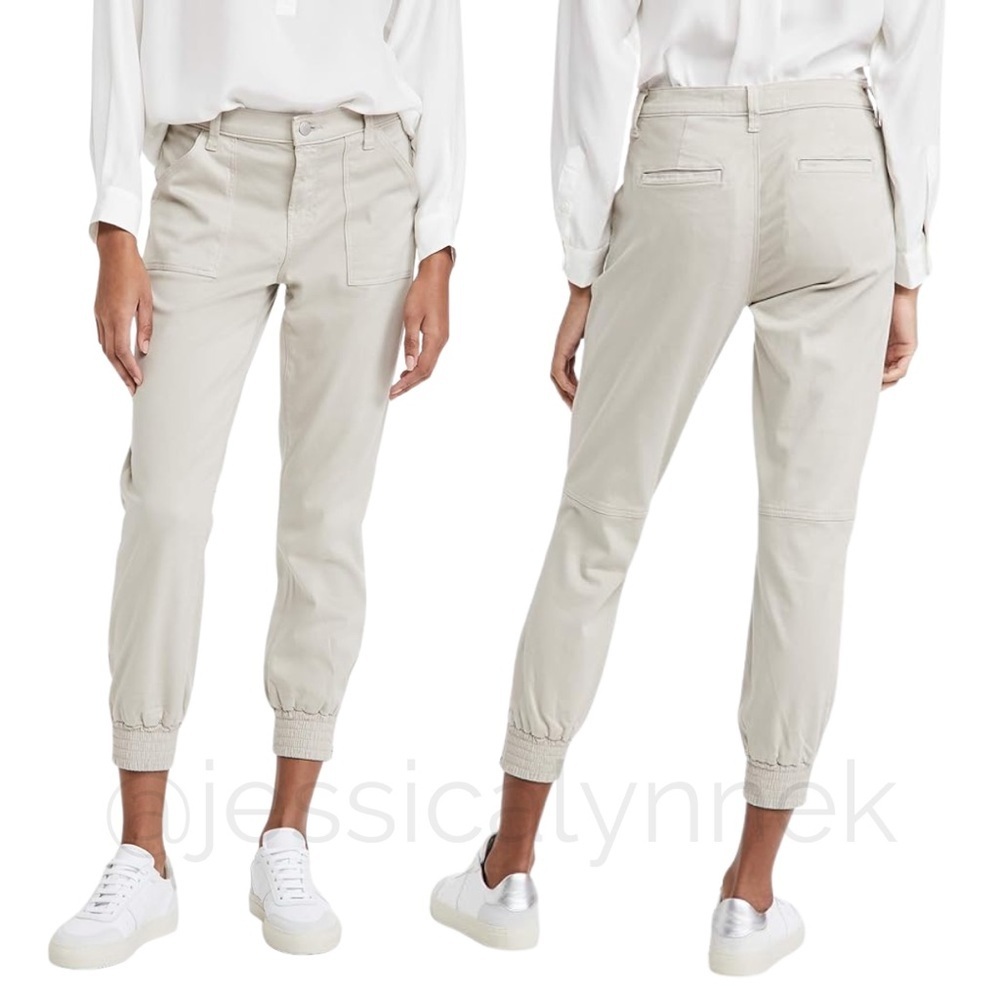 High Waisted Ankle Zip Cotton Blend Stretch Cargo Jogger Trouser Pants Beige 29